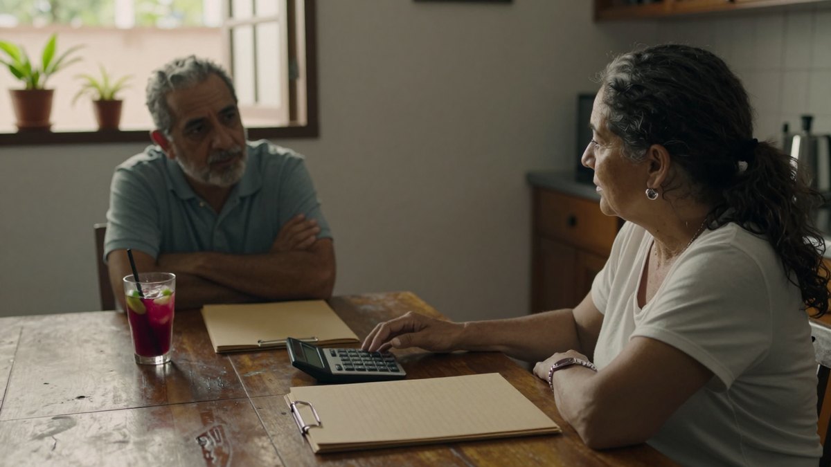 Pareja conversa en la mesa de la cocina con una calculadora, una carpeta y agua de jamaica