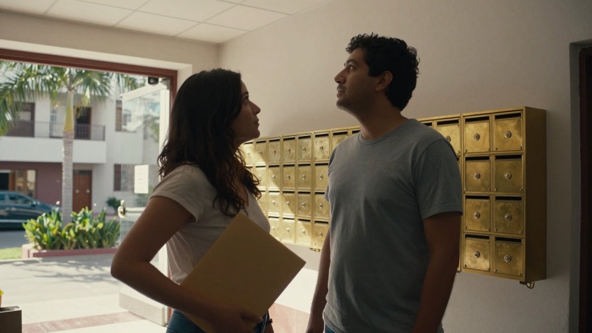 Pareja con carpeta en el vestíbulo de un edificio que visita para comparar opciones de compra