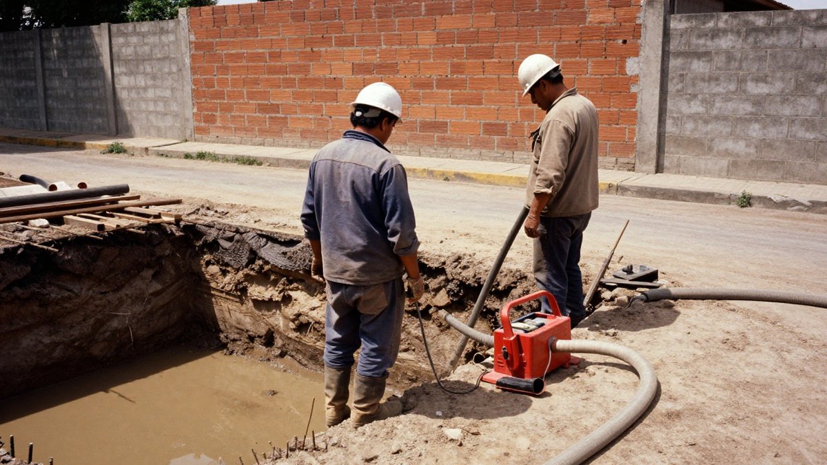 Dos obreros con casco observan una bomba roja achicando agua lodosa de una excavación en una calle de tierra