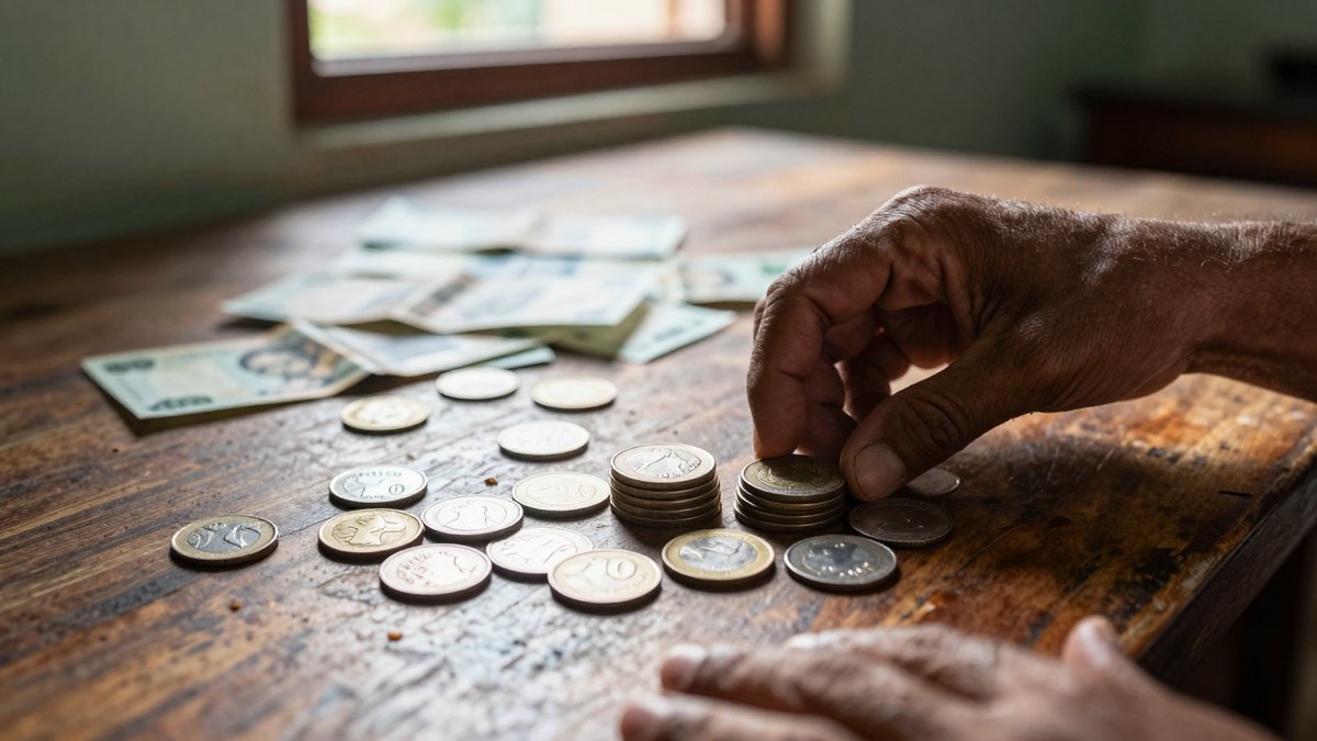 Mano organizando monedas y billetes para separar el dinero disponible de la entrada de vivienda