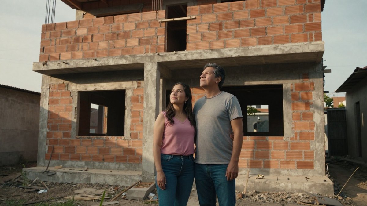 Pareja abrazada mira hacia arriba frente a una casa de tabique sin terminar al atardecer