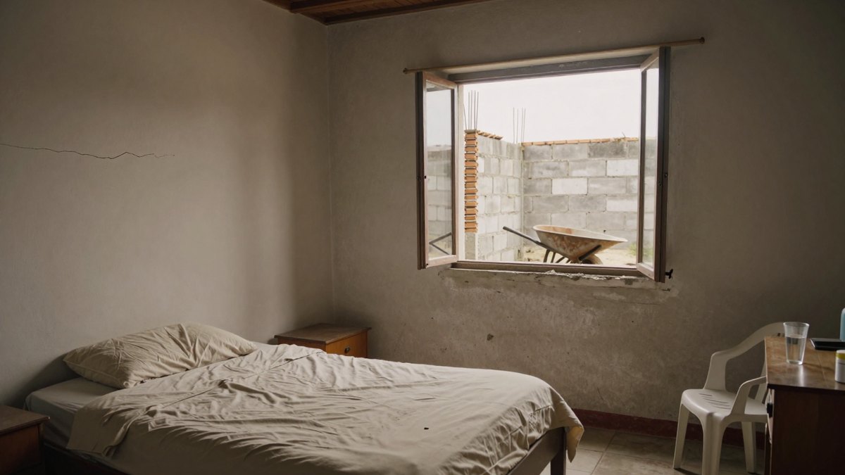 Recámara sencilla con cama deshecha y grieta en la pared; por la ventana se ve un muro de block en obra
