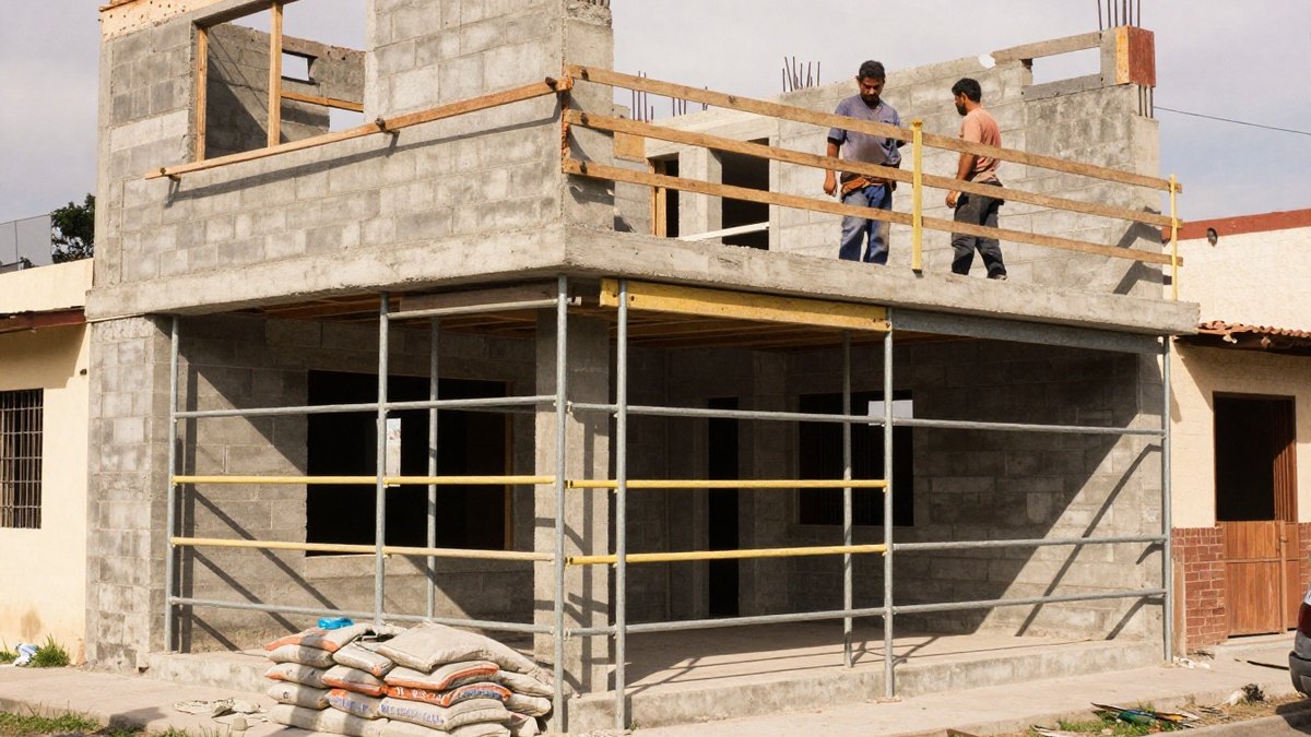 Casa en ampliación con andamios y albañiles, para revisar el presupuesto de protección durante la obra
