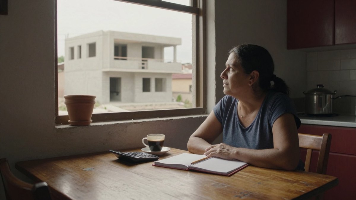 Mujer sentada en su cocina mira una casa en obra mientras organiza su presupuesto de compra