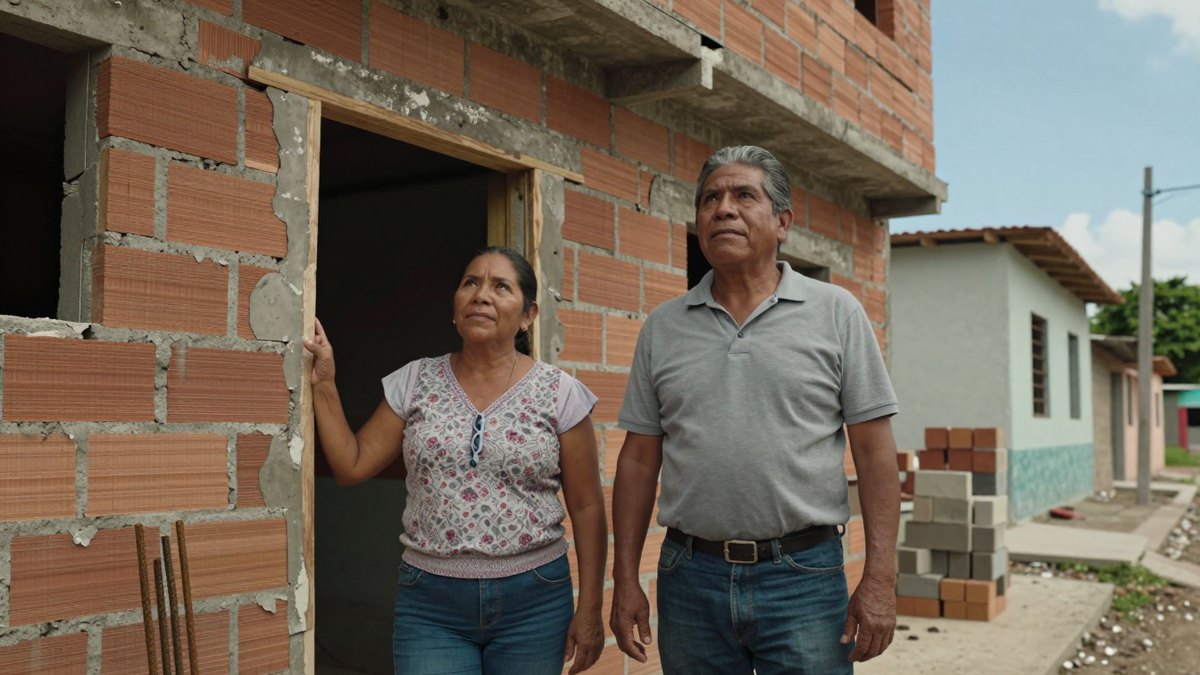 Pareja observa una casa de ladrillo en construcción mientras revisa el monto pendiente del proyecto