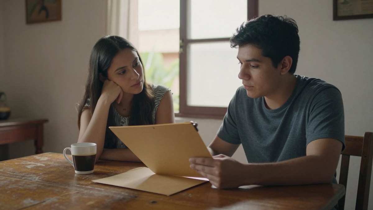 Pareja revisa una carpeta sobre la mesa para comparar dos ofertas de la misma vivienda