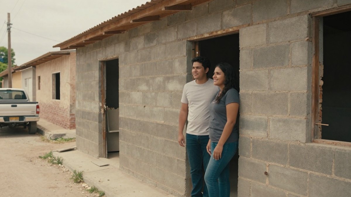 Pareja joven sonríe junto a la puerta de una casa de block en construcción