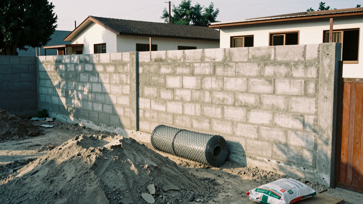 Muro de block a medio construir con rollo de malla ciclónica y montón de arena en terreno