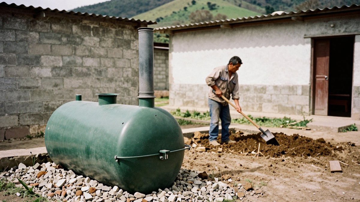 Albañil mexicano nivela tierra con pala junto a un biodigestor verde sobre grava en un patio de Chiapas