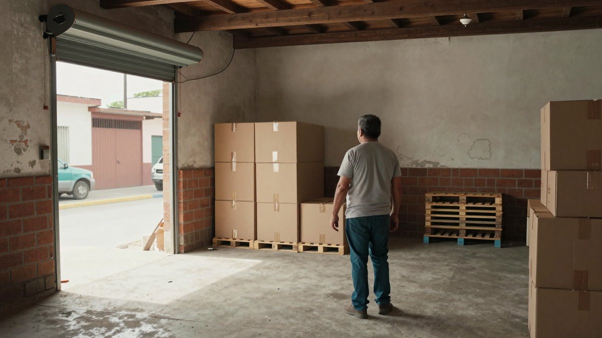 Espacio con cajas y materiales junto a una entrada amplia para planear los recorridos de acceso a la obra