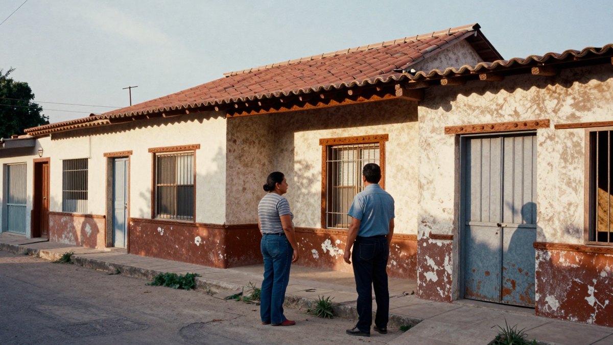 Dos personas frente a una vivienda mexicana como referencia de la casa a presupuestar con recursos disponibles en pesos