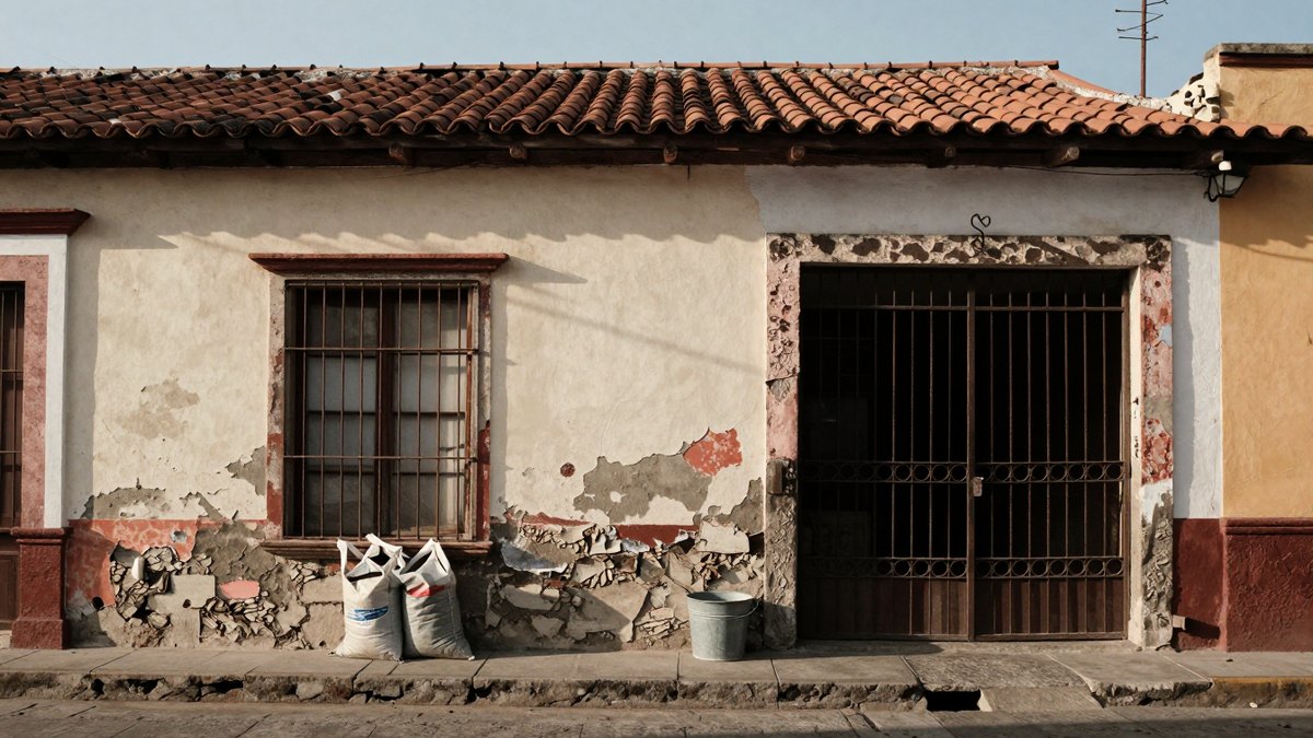 Fachada antigua de casa mexicana con muro reparado, costales de cemento y cubeta en la banqueta