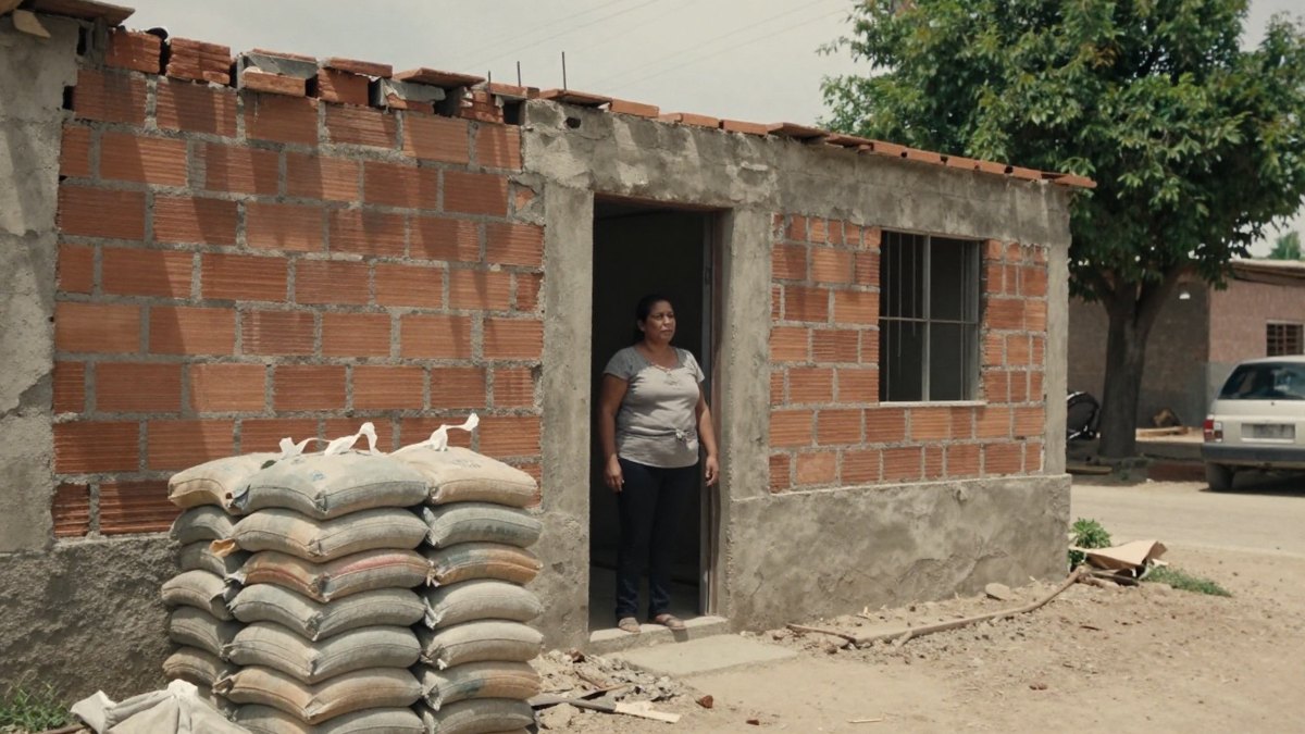 Mujer de pie en la puerta de una casa de ladrillo en obra, junto a costales de cemento