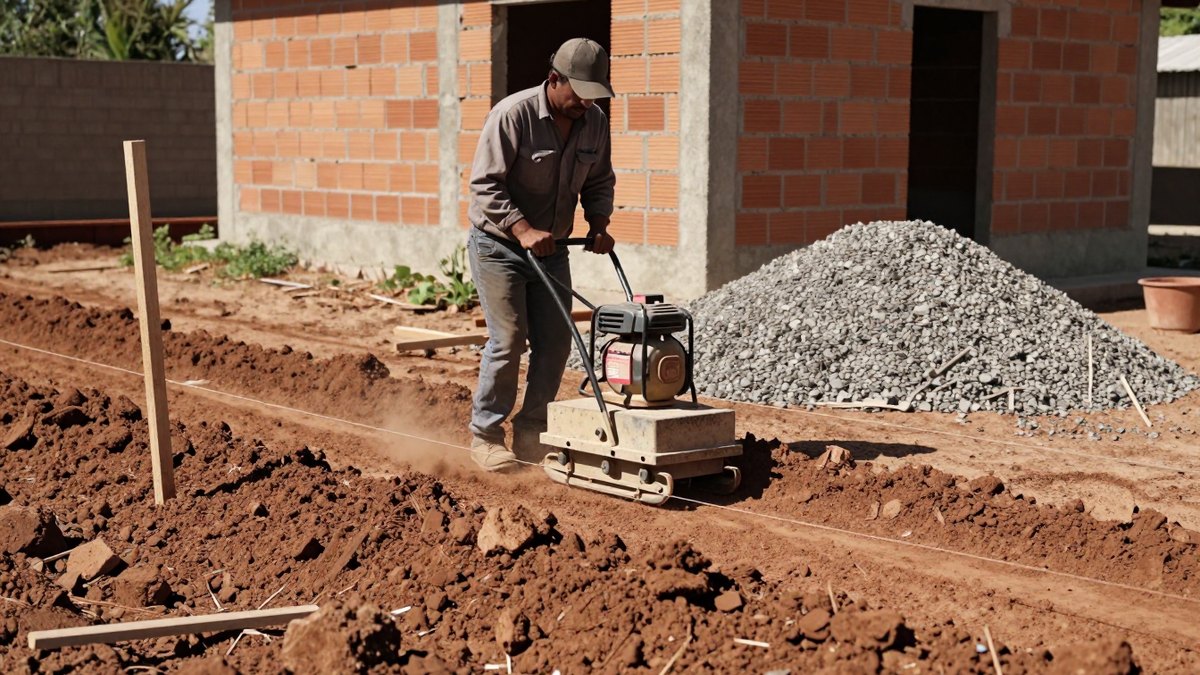 Obrero con gorra guía una compactadora de gasolina sobre tierra roja junto a grava y casa en obra