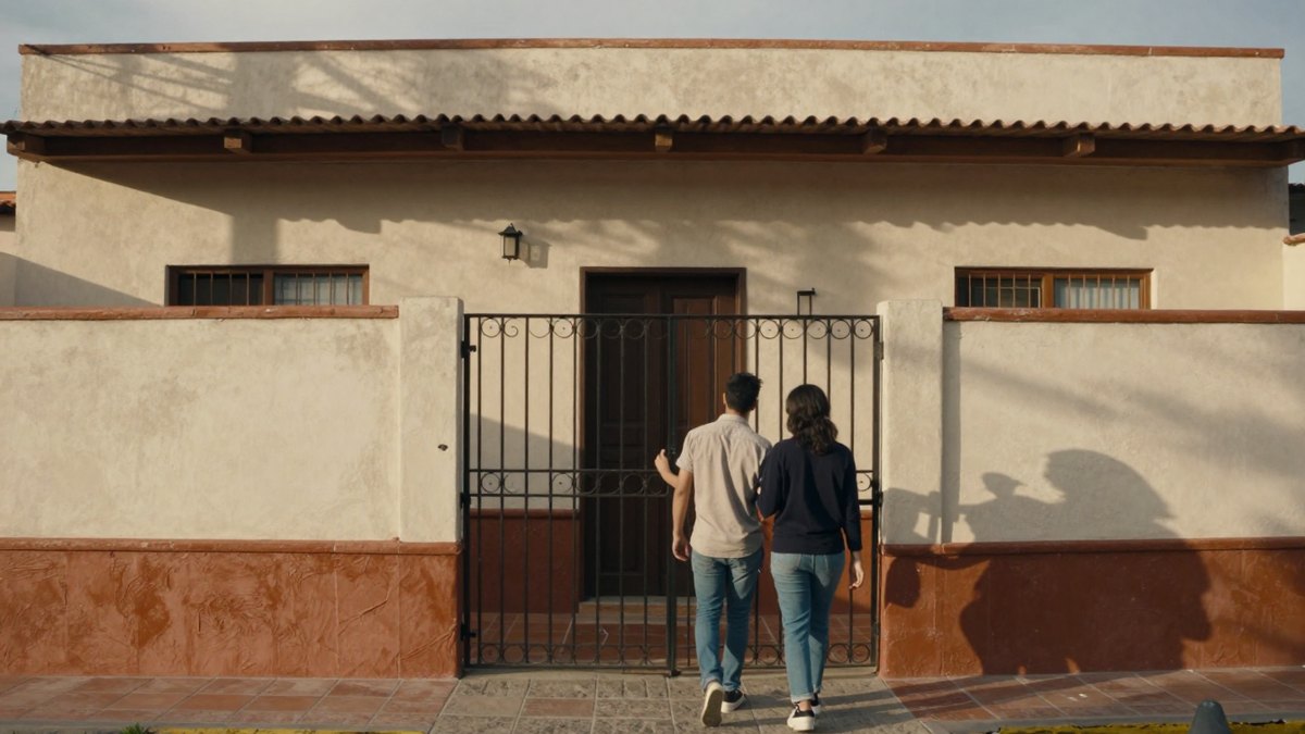 Pareja joven de espaldas frente al portón de herrería de una casa mexicana color crema