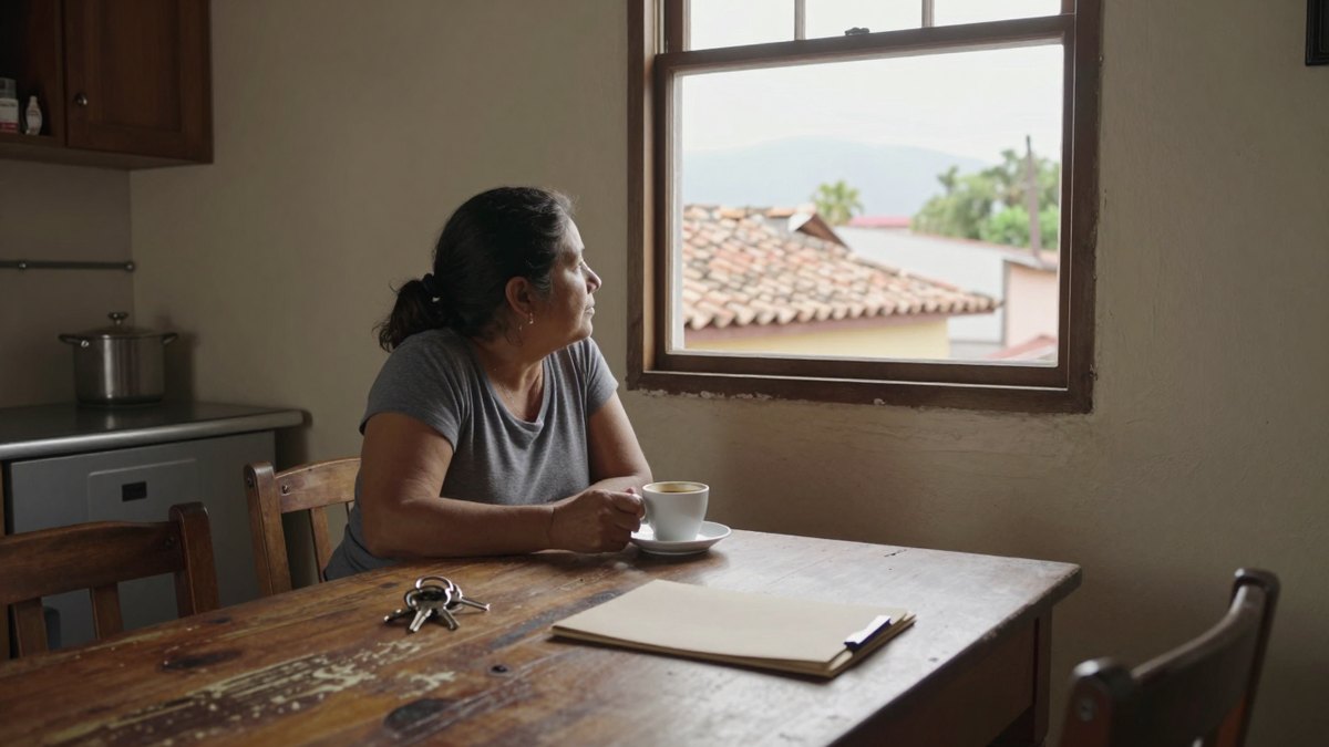 Mujer de cuarenta años toma café en una mesa de cocina y mira por la ventana los techos de teja