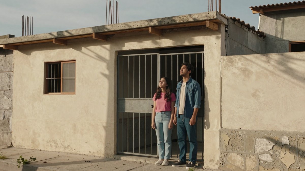 Pareja joven mira hacia arriba frente al portón de una casa de concreto en obra negra