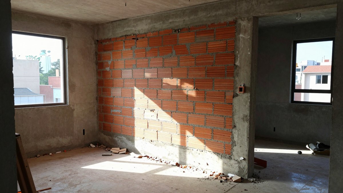 Interior en obra con muro de ladrillo para revisar una ampliación y su presupuesto estructural