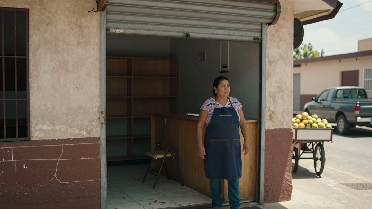 Mujer con mandil de pie en la puerta de un local vacío con cortina metálica levantada