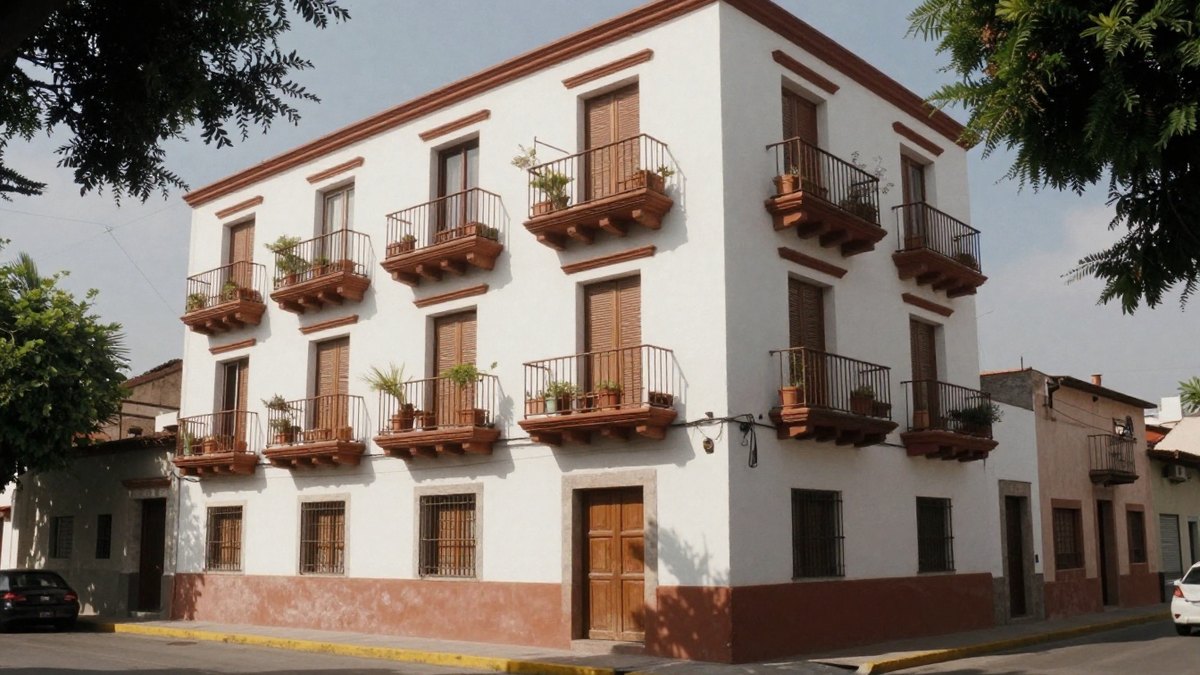 Edificio de estuco blanco con balcones de terracota y macetas en una esquina soleada de barrio mexicano