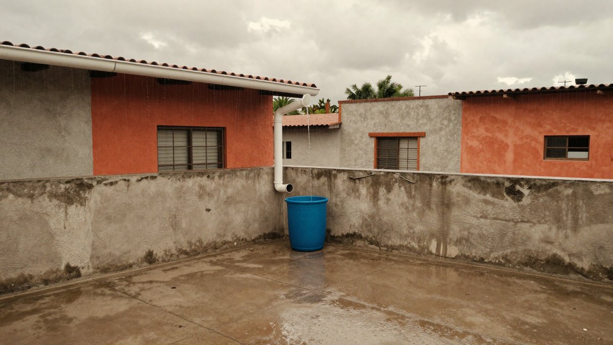 Azotea de concreto mojada tras la lluvia con canalón blanco que baja el agua a un tambo azul