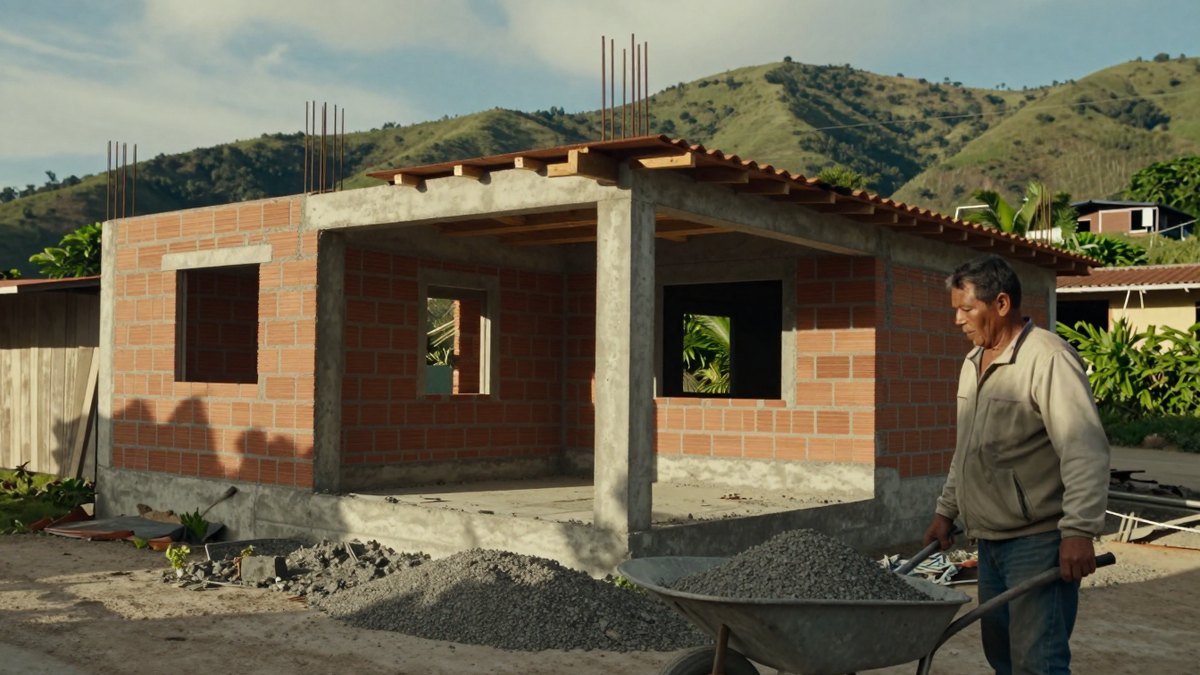 Trabajador junto a una carretilla de grava frente a una casa de ladrillo en construcción en Chiapas