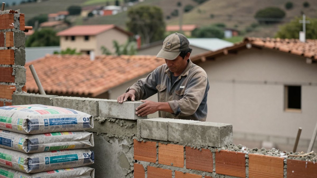 Albañil con gorra coloca un block de concreto en un muro inconcluso, con costales de cemento y techos de teja al fondo