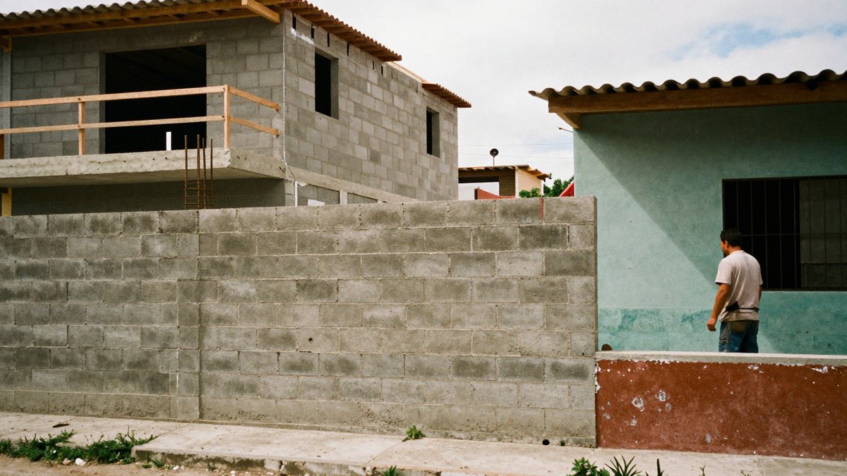 Muro medianero de block sin aplanar entre una casa con segundo piso en construcción y la vecina pintada