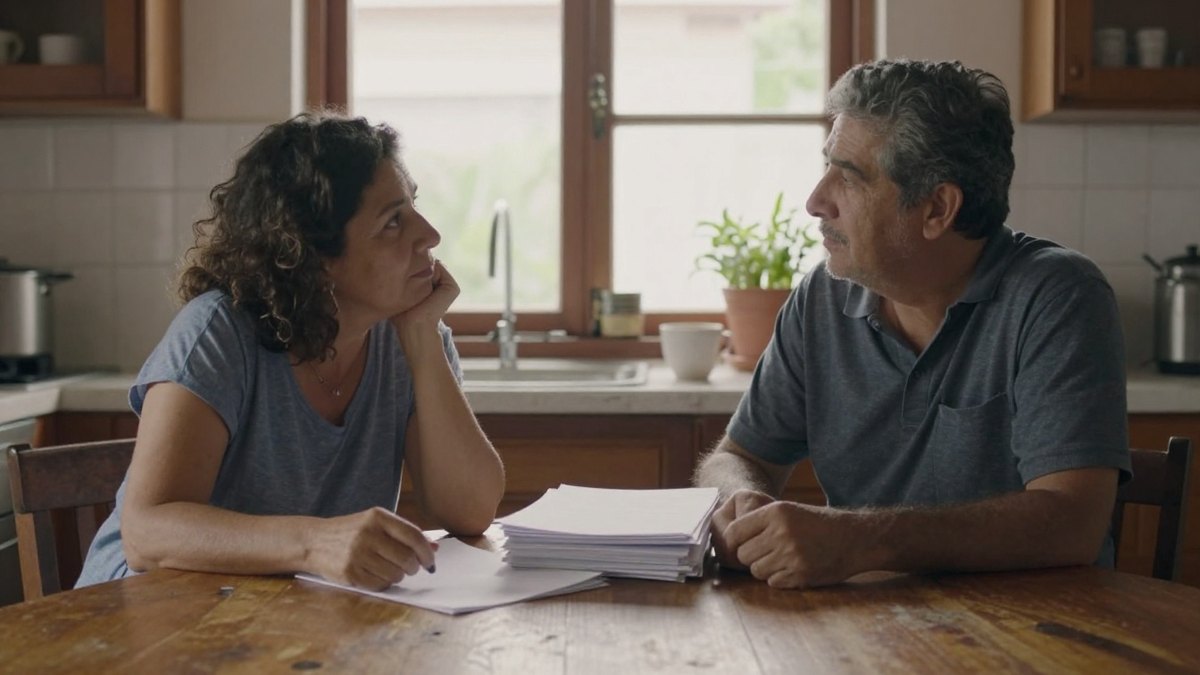 Pareja de mediana edad conversa pensativa en una mesa de madera de cocina con papeles