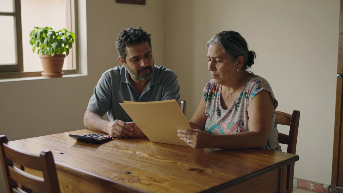 Pareja mexicana revisa un folder de documentos junto a una calculadora en la mesa de su cocina