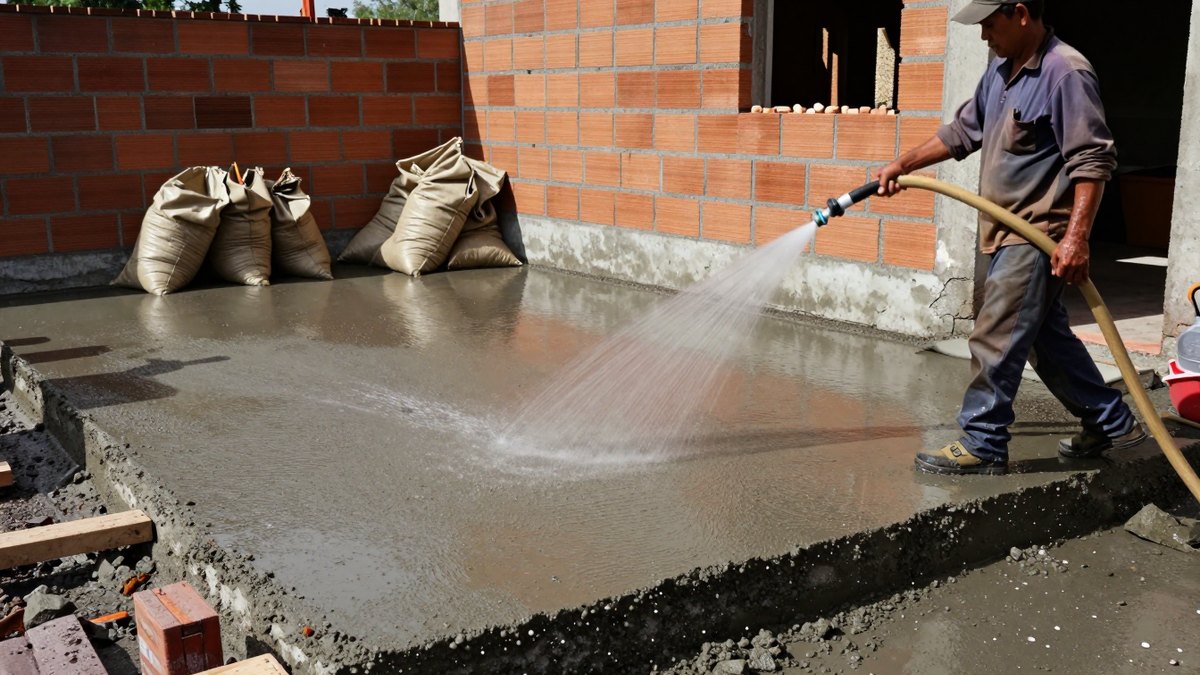 Albañil junto a una losa recién colada, con muros de ladrillo, durante una obra de vivienda
