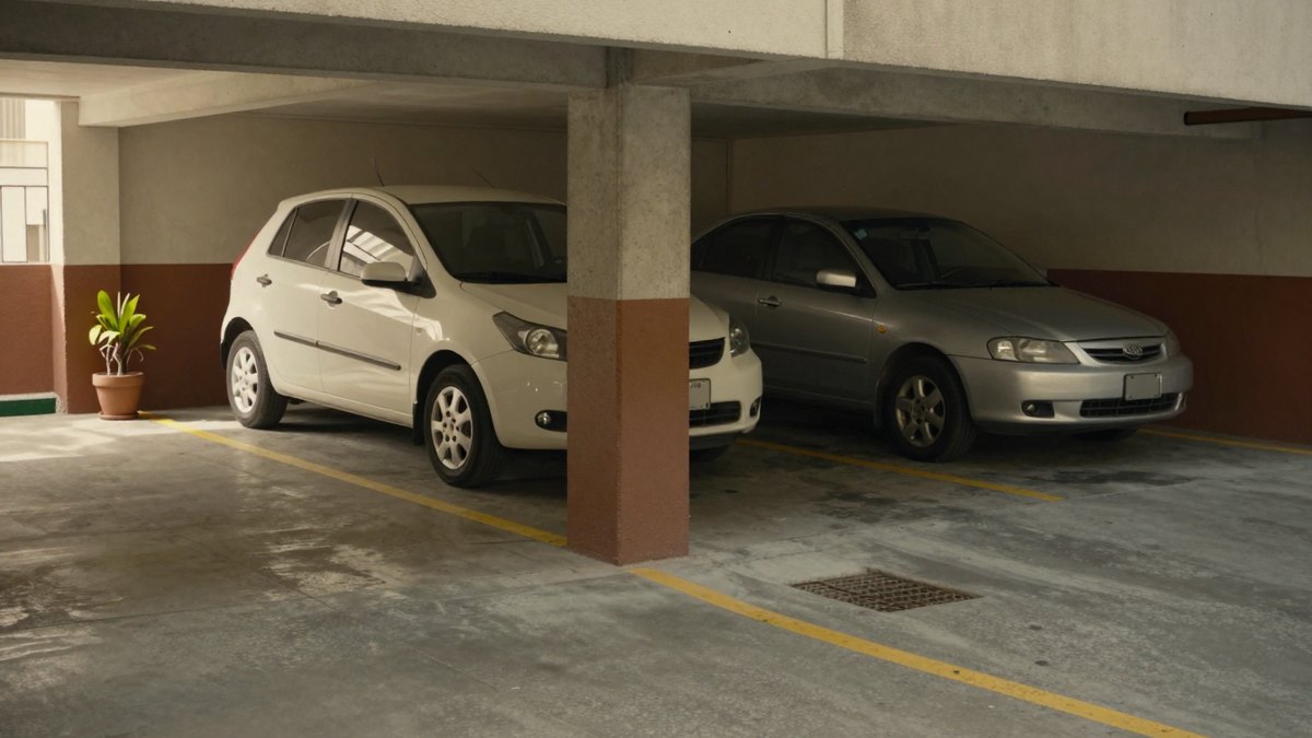 Dos autos en un estacionamiento de edificio separados por una columna, para distinguir espacios y propiedad de cochera