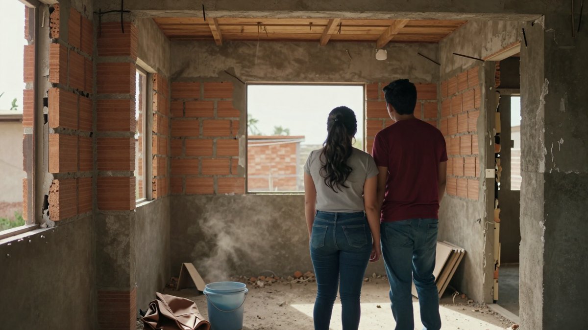 Pareja joven mexicana de espaldas mira por la ventana de su casa en obra negra