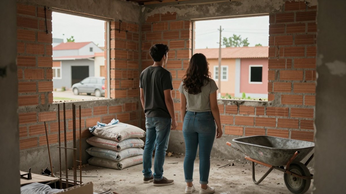 Pareja joven de espaldas mira la calle desde una casa en obra negra con ladrillo
