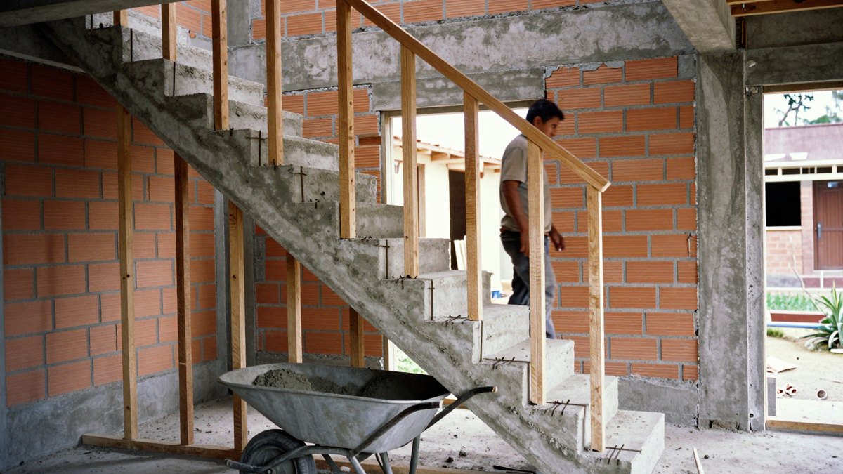 Albañil sube una escalera de concreto en obra de tabique rojo, con carretilla de mezcla al pie
