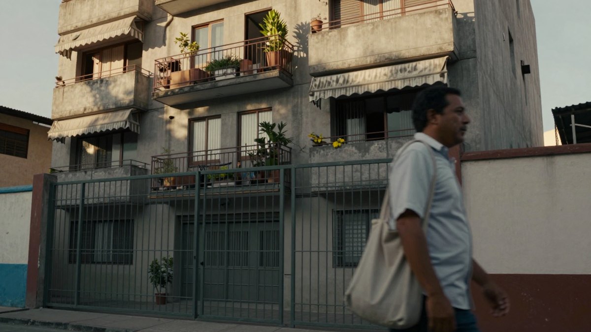Hombre con bolsa de tela camina frente a un edificio de departamentos con balcones y toldos en la Ciudad de México