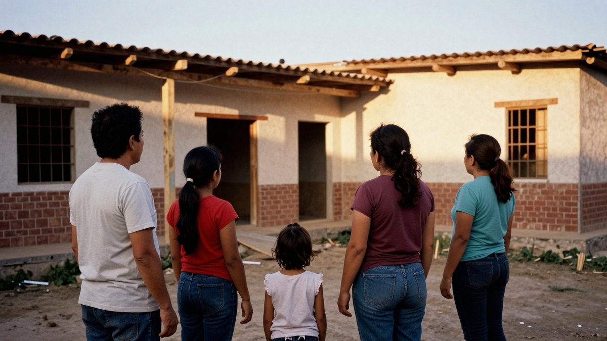 Familia frente a una vivienda mexicana para planear la compra con sueldo y bonos anuales