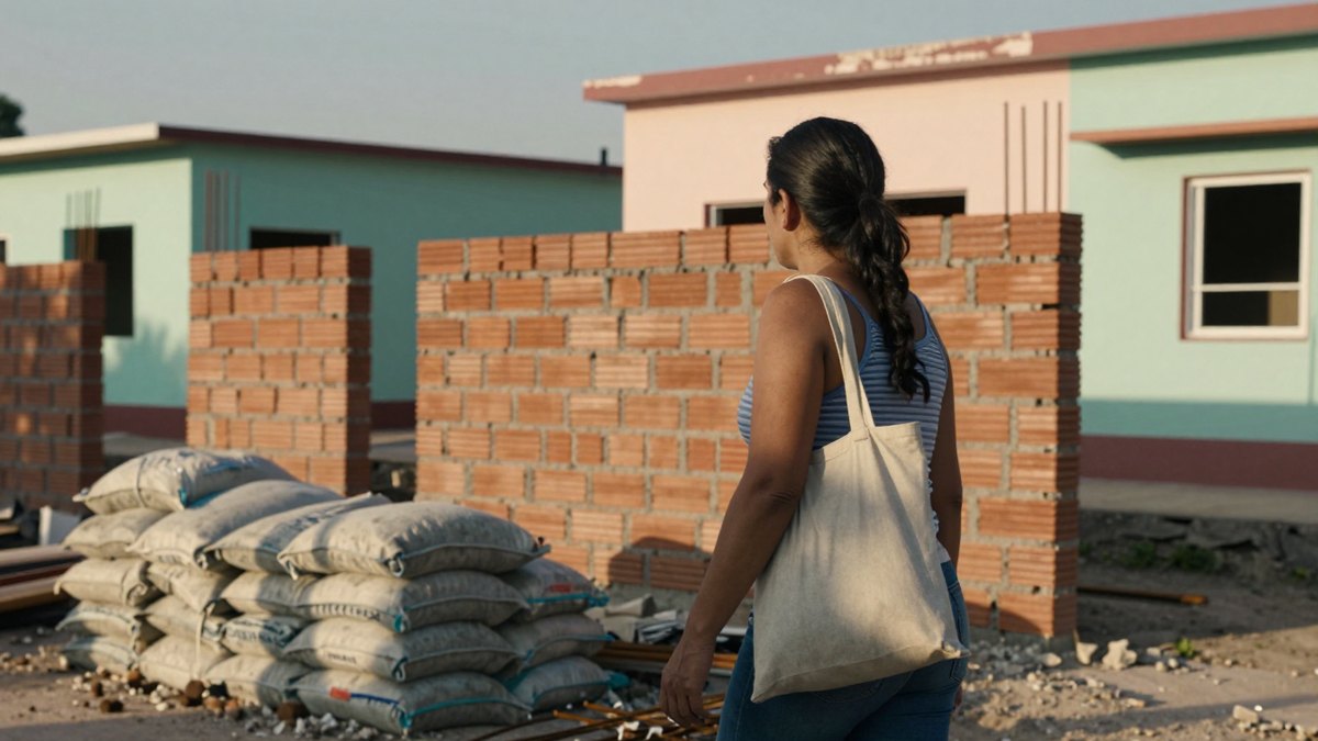 Persona de espaldas frente a una vivienda en construcción para planear la compra mientras continúa trabajando