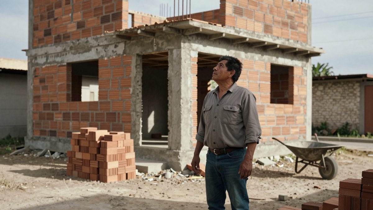 Hombre de camisa de trabajo mira hacia arriba frente a una casa de tabique en construcción