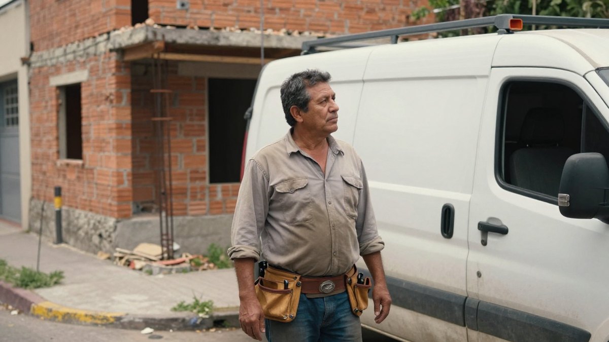 Electricista con cinturón de herramientas junto a una camioneta blanca frente a una casa de ladrillo en obra
