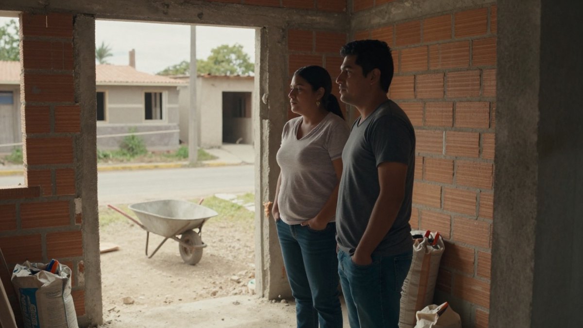 Pareja joven mexicana observa la calle desde el vano de una casa de ladrillo en construcción