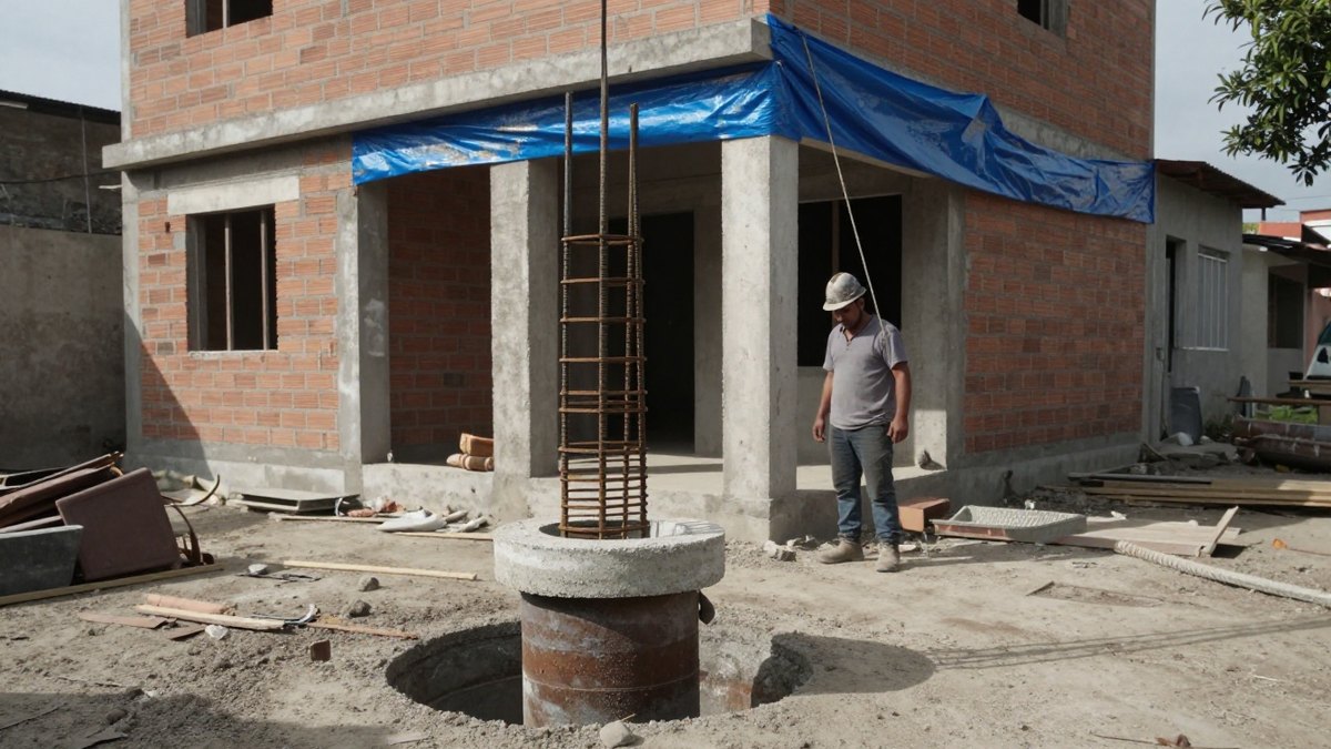 Obrero con casco observa una jaula de varilla bajando a un pilote frente a una casa de ladrillo en obra