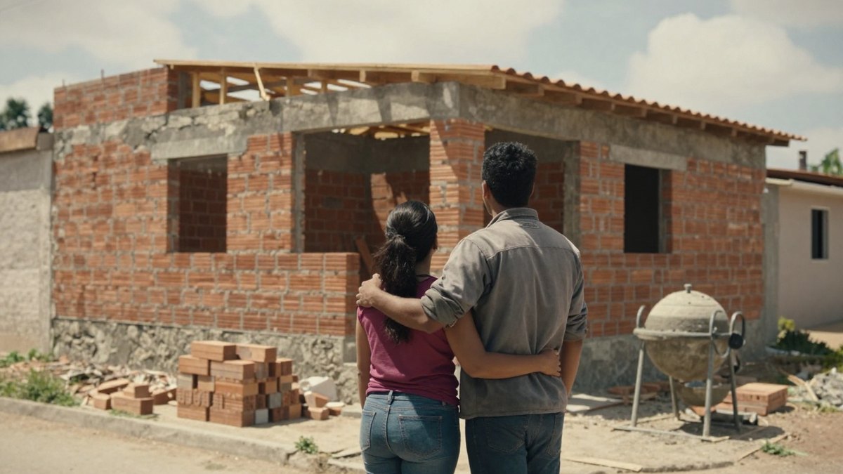 Pareja observando una vivienda de tabique para organizar el presupuesto familiar de escuela y futura casa