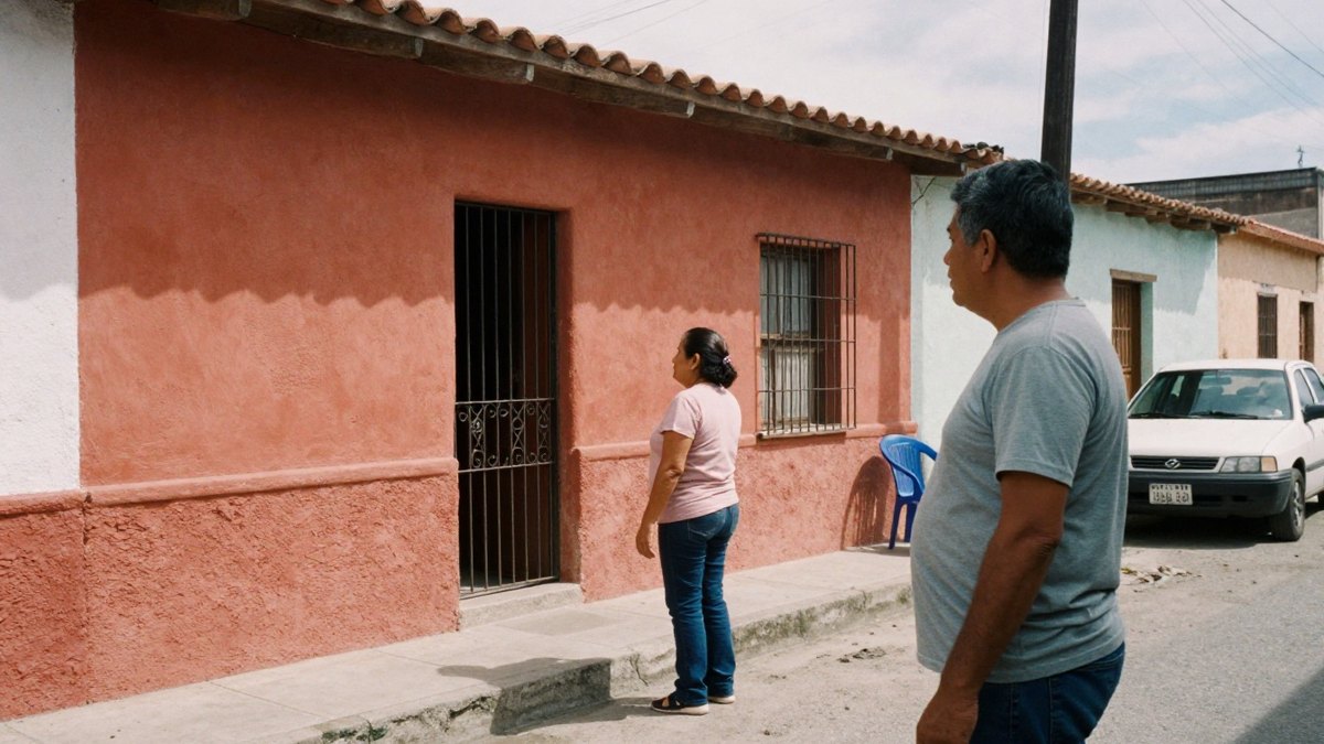 Pareja de mediana edad en la banqueta frente a una casa modesta de fachada terracota