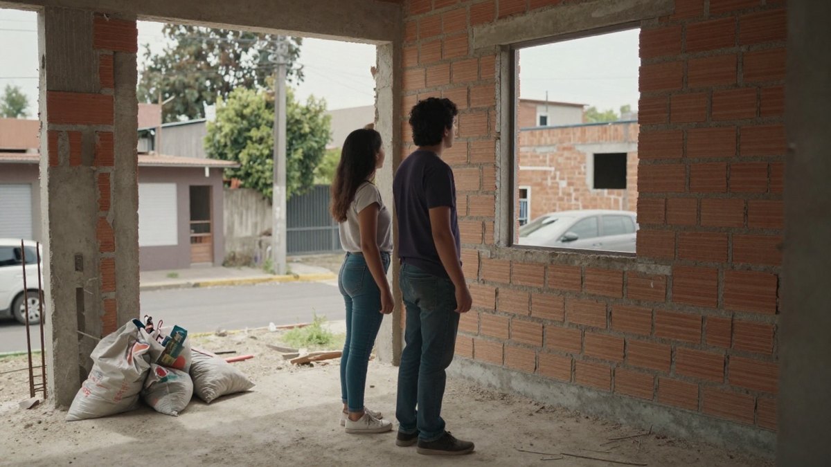 Pareja en una casa de ladrillo en obra revisa su futura compra y los documentos de financiamiento